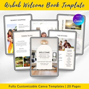Plantilla de Canva para libro de bienvenida de Airbnb, paquete de bienvenida para anfitriones de casas vacacionales, guía personalizable, tamaño A4 y carta estadounidense.