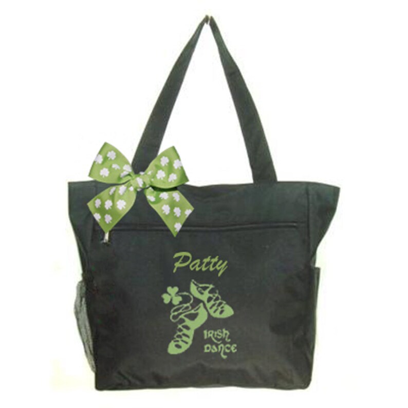 Personalized Black Irish Dance Tote Lime Green Embroidered Design /& Shamrock Bow