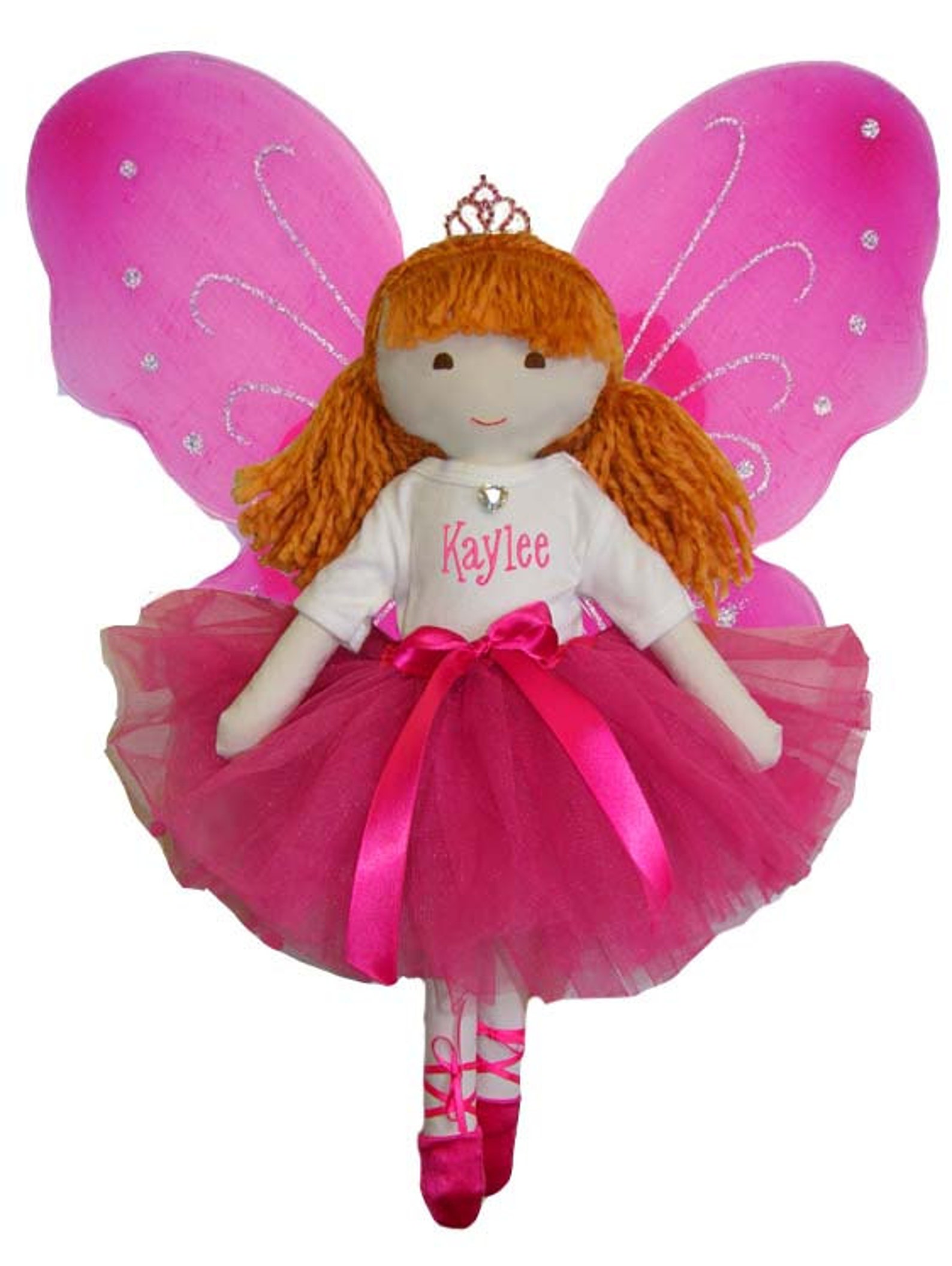 personalized fairy princess ballet soft dolly hot pink tutu, wings & toe shoes