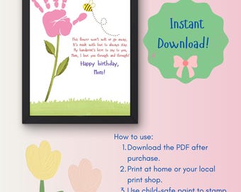 Manualidad de flores con huella de mano para mamá / Poema de cumpleaños imprimible / Regalo para niños con huella de mano / Recuerdo DIY / Descarga instantánea