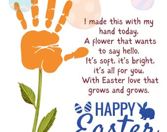 May include: A cheerful Easter card with a handprint flower and the text "Happy Easter." The card features pastel-colored Easter eggs and flowers hanging from a string, with a blue bunny silhouette.