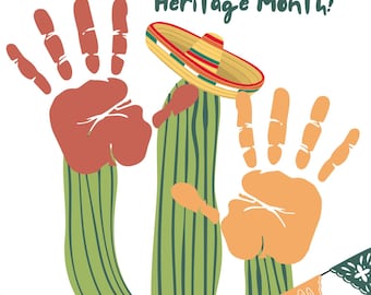 Op de afbeelding: Illustratie ter viering van de Hispanic Heritage Month. Een groene cactus met handafdrukken en een sombrero. De tekst "it's Hispanic Heritage Month!" staat in het groen boven de cactus.