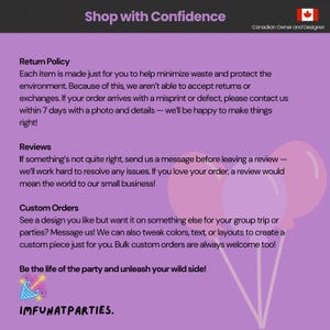 Puede incluir: Un gr&aacute;fico informativo morado titulado Shop with Confidence con un icono de la bandera canadiense. Describe las pol&iacute;ticas de devoluciones, rese&ntilde;as y pedidos personalizados, incluye el texto Be the life of the party and unleash your wild side y el nombre de marca IMFUNATPARTIES.