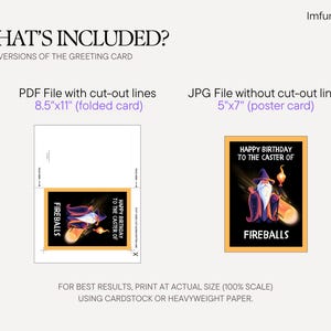 May include: A digital download graphic featuring two versions of a greeting card. One is a PDF with cut-out lines, 8.5"x11" folded. The other is a JPG, 5"x7" poster card. The card design includes a wizard and the text "Happy Birthday to the Caster of Fireballs."