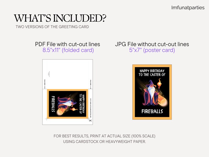 May include: A digital download graphic featuring two versions of a greeting card. One is a PDF with cut-out lines, 8.5"x11" folded. The other is a JPG, 5"x7" poster card. The card design includes a wizard and the text "Happy Birthday to the Caster of Fireballs."