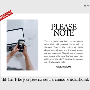 May include: A digital download product announcement with the text "PLEASE NOTE" and "IMPORTANT" in a red banner. The image includes a laptop, a smartphone, and a glass of water. The text states that no physical items will be shipped.