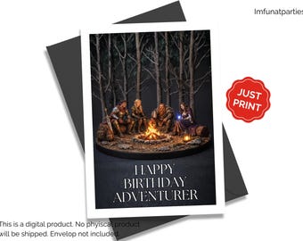 DND Tabletop RPG Birthday Card Printable, Miniatures Adventurers Campfire Rest Graphic Digital Download Gamer DIY Print at Home Fantasy Card