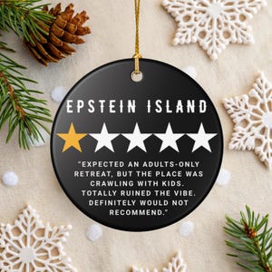 Puede incluir: Un adorno redondo de cer&aacute;mica negra con el texto blanco EPSTEIN ISLAND sobre una estrella dorada y cuatro estrellas blancas. Debajo de las estrellas, el texto blanco dice: EXPECTED AN ADULTS-ONLY RETREAT, BUT THE PLACE WAS CRAWLING WITH KIDS.