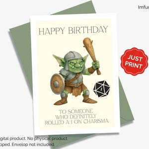 Tarjeta de cumpleaños imprimible para juego de rol de mesa DND, gráfico divertido de tirada de carisma Goblin Nat 1, tarjeta de fantasía para jugador con descarga digital para imprimir en casa.