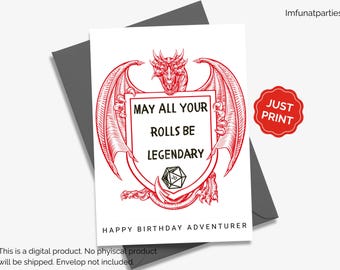 DND Fantasy RPG Birthday Card, May All Your Dice Rolls Be Legendary, Printable Digital Download for Gamers Adventurers & Dungeon Master DIY.