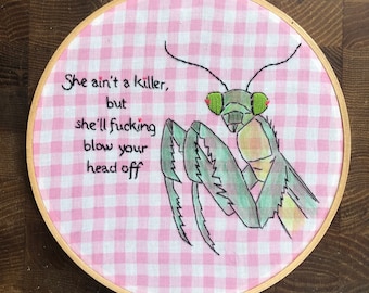 She Ain’t A Killer, But... Hand Stitched Childish Gambino lyrics and praying mantis portrait - mixed media