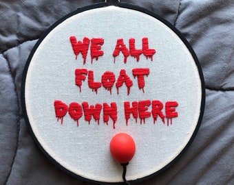 We All Float Down Here, OOAK 3-D IT embroidery with red balloon