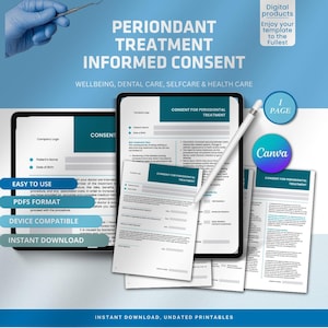 Könnte beinhalten: Eine digitale Vorlage für die Einverständniserklärung zur Parodontalbehandlung. Das Design zeigt ein Tablet und gedruckte Dokumente mit dem Text "EINVERSTÄNDNIS FÜR PARODONTALBEHANDLUNG". Das Bild enthält den Text "EINFACH ZU BEDIENEN", "PDF-FORMAT", "GERÄTEKOMPATIBEL" und "SOFORT-DOWNLOAD".