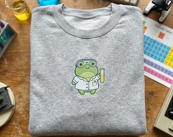 Embroidered Scientist Frog Hoodie, Periodic Table Science Sweatshirt, Chemistry Professor Gift, Cute Lab Frog Shirt, STEM Career Apparel