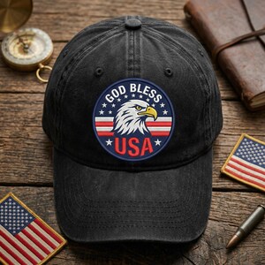 God Bless USA Circle Patch Embroidered Wash Dad Cap, American Eagle Flag Hat, Patriotic Shield Dad Cap, Vintage USA Pride Hat, Mens Cap