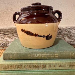 May include: A vintage brown and tan ceramic crock with a lid and two handles. The crock features a dark brown top and a tan body with a black and brown design. It sits atop a stack of three green books.