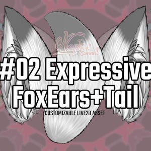 Puede incluir: Ilustración de orejas y cola de zorro expresivas, con opción de color de punta personalizable. El diseño presenta pelaje blanco y gris, sobre un fondo granate con un patrón floral. El texto incluye "#02 Expressive FoxEars+Tail".
