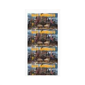 Peut inclure: Une impression rectangulaire verticale composée de quatre panneaux identiques empilés. Chaque panneau représente le pont d'un navire pirate avec quatre personnages, deux coffres au trésor ouverts remplis d'or et le texte orange WAX ADMIRALS.