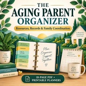 May include: A dark green ring-bound planner titled The Aging Parent Organizer with tabs for finances, care, and legal documents. It includes a desk calendar, a speckled mug with text, and a stack of books labeled Family, Plans, and Peace of Mind.