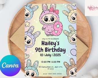 Invitación de cumpleaños número 9 de Labubu: Plantilla editable para fiesta de monstruos (descarga digital)