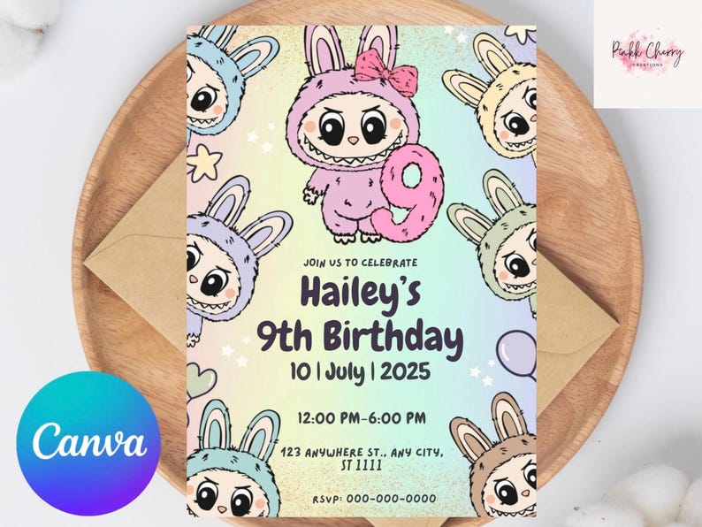 May include: A birthday invitation featuring a cartoon bunny character in a pink jumpsuit holding a number 9. The invitation includes the text "Hailey's 9th Birthday" with date, time, and RSVP information. The design has a pastel color scheme.