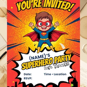 May include: A rectangular party invitation card featuring a comic book style design with a red and orange background. A cartoon superhero in a blue suit and red cape is centered above the text (NAME)'S SUPERHERO PARTY Let's Thwack!!