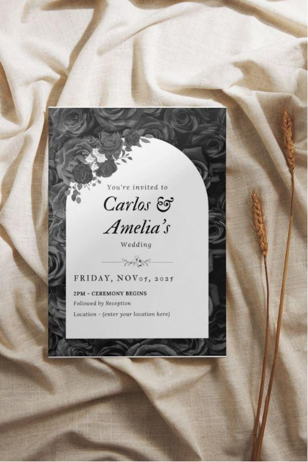 Black and White Wedding Invitation Template editable Canva Template