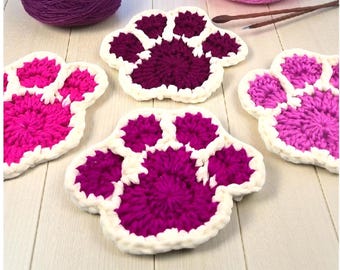 Crochet Paw Print Coasters – Handmade Pet Lover Gift, Set of 4