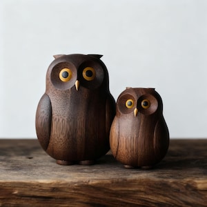 Handgeschnitzte hölzerne Eule 2er-Set, rustikale Schleiereulenfiguren, natürliche braune Eulendekoration für Regal, Schreibtisch oder Mantel, einzigartiges Geschenk für Eulenliebhaber
