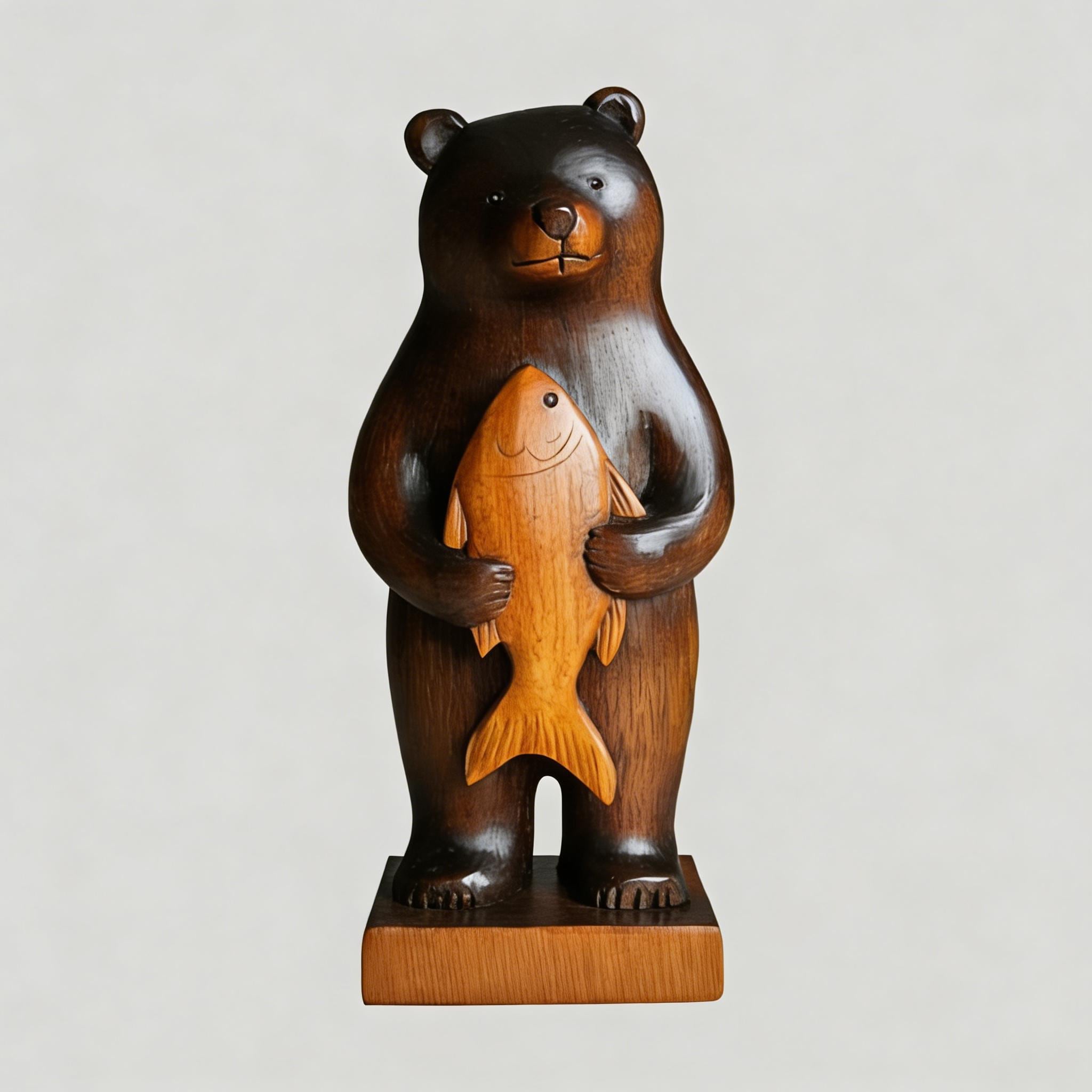 Carved wood bear with fish - Etsy 日本