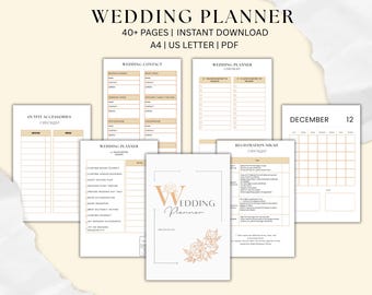 May include: A collection of printable wedding planner pages with headings like "Wedding Contact" and "Outfit Accessories Checklist." The pages are white with tan accents and floral designs. Text includes "Wedding Planner" and "40+ Pages | Instant Download."