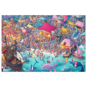 Whimsical Beach Festival Premium Artwork Jigsaw Puzzle 252 / 500 / 1000 Pieces - Vibrant Coastal Celebration - Gift-Boxed in Tin