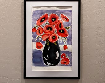 Hand Painted Watercolor Poppies in Black Vase Art Print (15 x 22 inches)