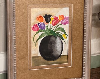 Tulips in black vase- an original watercolor