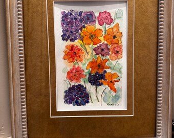 Hand-Painted Watercolor Flowers Print: Orange, Purple, Blue Floral Art (7x10 Cotton Paper)