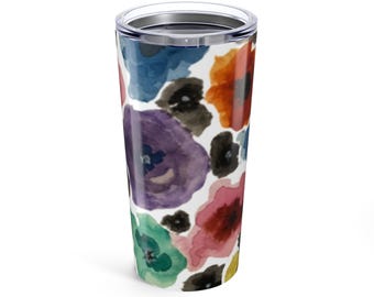 Vaso de acuarela floral: Vaso de acero inoxidable de 20 oz pintado a mano