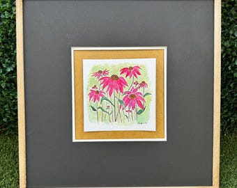 Acuarela original de equináceas rosas.