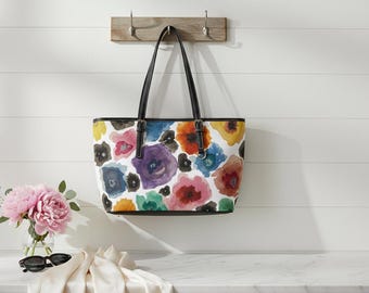 Hand Painted Floral PU Leather Shoulder Bag, Original Art Tote, Gift for Her