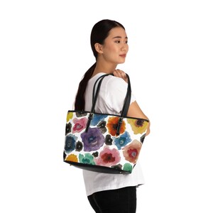 Hand Painted Floral PU Leather Shoulder Bag, Original Art Tote, Gift for Her