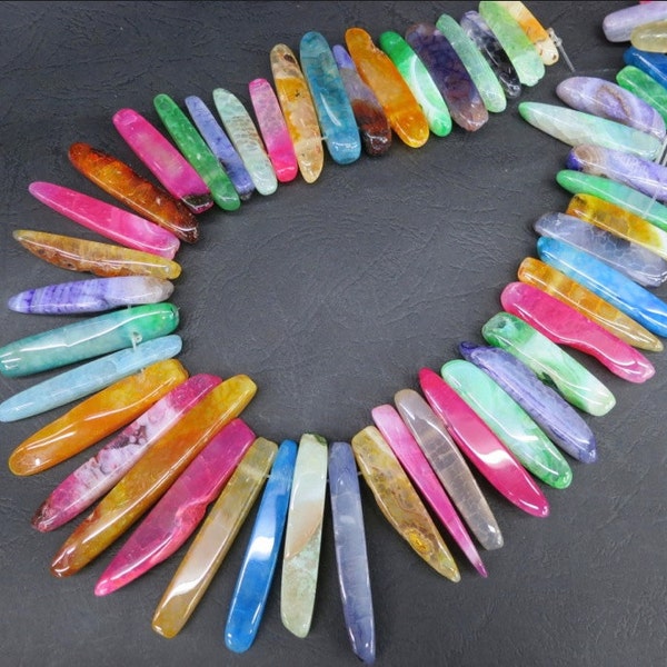 Colorful Agate Stick Point Spike Beads 30- 65mm -Top Drilled -45pcs/Strand