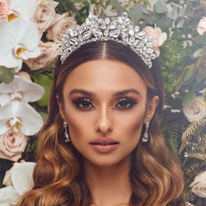 May include: A silver tiara with clear, sparkling crystals. The tiara is set against a backdrop of white and pink flowers. The model is also wearing matching crystal earrings.