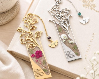 Personalized Birth Flower Bookmark, Real Pressed Flower Keepsake, Engraved Name Gift for Reader, New Chapter Gift, Teacher Gift