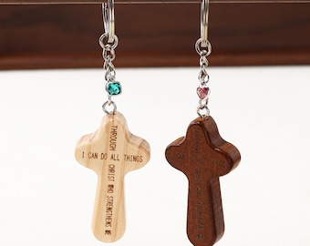 Personalized Christian Cross Keychain with Birthstone, Wooden Bible Verse Keychain, Faith Gift for Birthday