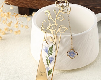 Marcapáginas metálico personalizado con flores del mes, flores secas naturales, regalo conmemorativo y de cumpleaños, regalo para amantes de los libros, regalo para estudiantes de primer año.