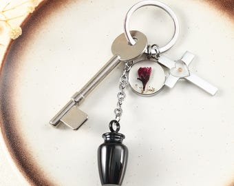 Memorial Keychain with Mustard Seed Cross, Custom Birth Flower, Ashes Keepsake for Pet or Loved One