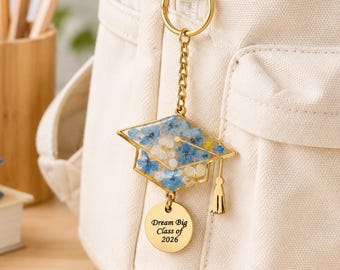 Personalized Back to School Keychain, Custom Name Backpack Charm, Floral Resin Graduation Cap Bag Tag, First Day of School Gift