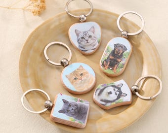 Personalized Wooden Pet Photo Keychain, Printed Picture Front, Engraved Message Back, Dog or Cat Memorial Keepsake for Dog Mom or Cat Dad