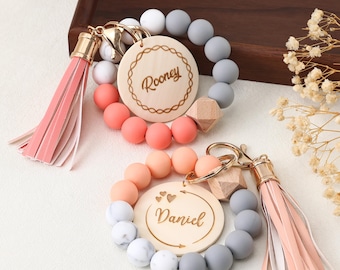 Personalized Silicone Bead Keychain Bracelet, Custom Engraved Wristlet Keychain, Tassel Keyring Gift for Mom Teacher Friend