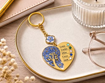 Personalized Family Keychain with Up to 5 Engraved Names, Birthstones and Floral Heart Charm