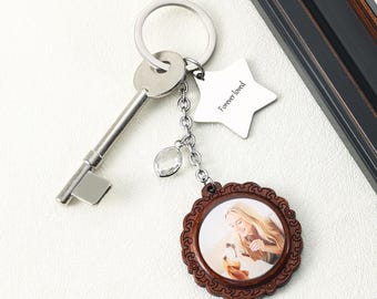 Custom Photo Keychain with Birthstone, Engraved Star Charm, Pet or Family Keepsake, Forever Close Gift